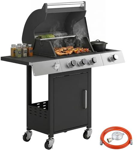 Outsunny Barbecue a Gas con 3+1 Bruciatori da 10.5 KW, BBQ a Gas Propano Portatile con Griglia, Ripiani Laterali, Vaschetta per Grasso, Armadietto, Termometro, Apribottiglie, Ruote, per Giardino, Nero