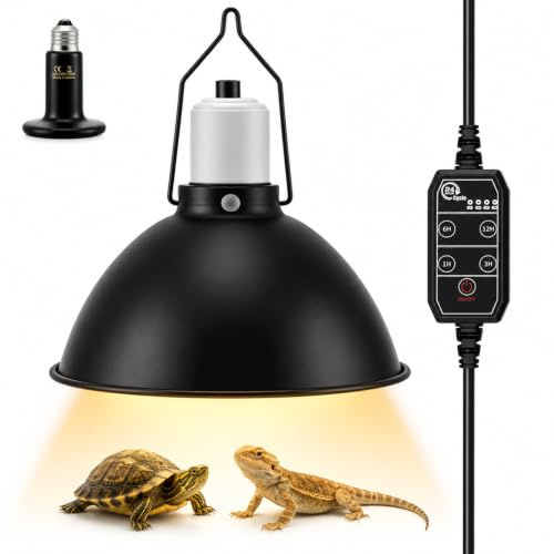 Lampe Chauffante Terrarium Dome avec 100W E27 Ampoule 21cm, 4 Minuteries | 21cm Support de lampe Chauffante, Portable Chauffe-tortue Réservoir de reptiles pour Tortue Serpent Lézard Cacatoès