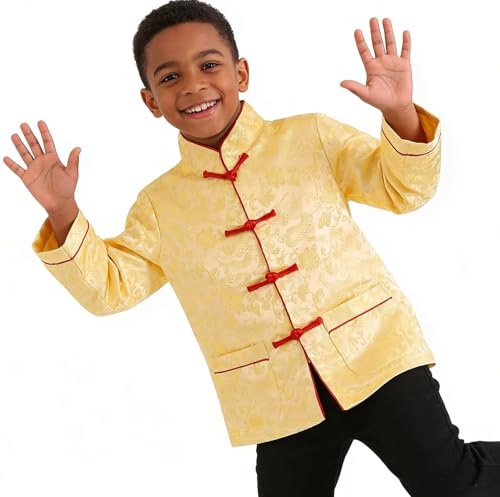 Little Boys Dragon Tang Coat Long Sleeve Chinese Clothing Children Costumes Boy Jackets Outfit Tops (Yellow, 8)