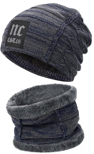 Bequemer Laden Mens Womens Winter Beanie Hats Warm Neck Warmer Scarf Set | Thick Thermal Skullies & Beanies Caps Fleece Infinity Scarves Knit Hat for Men Women Cold Weather Driving Running Skiing Gift