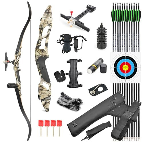 SHARROW 30-50lbs Bogenschießen Takedown Recurve Bogen und Pfeile Set 56 Zoll Jagdbogen Erwachsene Bogen Aluminiumlegierung Riser Rechte Hand Bogen mit 6pcs Carbonpfeile (Camo, 50lbs)
