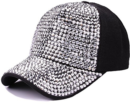 Gudessly Women Studded Rhinestone Crystals Adjustable Baseball Cap Plain Sparkle Bling Denim Sun Hat