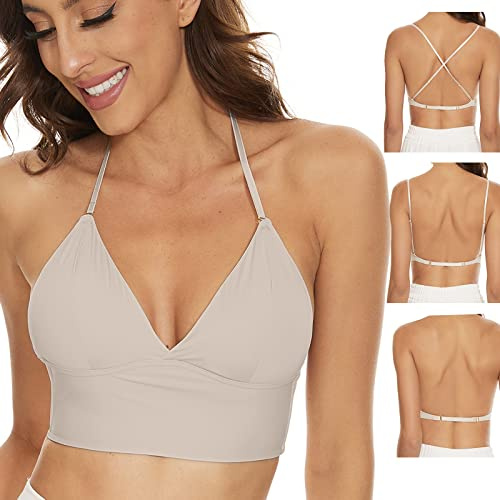 Strappy Low Back Bra for Women Deep V Low Cut Backless Bralette Multiway Convertible Straps Halter Bra Nude
