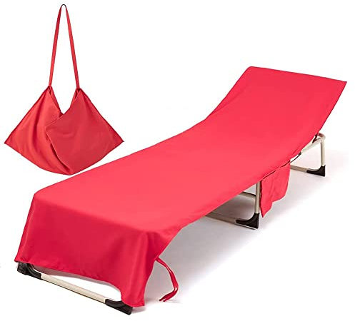 Morbuy Portable Solid Color Beach Towel, Beach Chair Cover Towel, Sun Lounger Beach Towel with Pockets, Microfiber Chaise Lounge Towel Cover for Summer Outdoor Garden Pool Vacation Travel (Red)