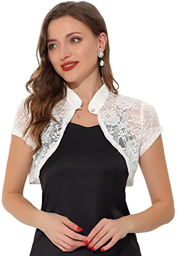 Allegra K Women's Lace Cardigan Stand Collar Short Bolero Shrug | Crop, Elegant, Open Front, Cover Up for Dress, Semi Formal, Cocktail, Wedding