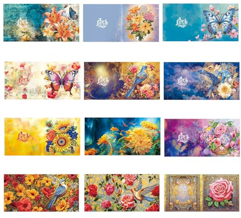 HNLMZ 5D Diamond Painting Biglietti Natalizi,8 PCS Fiori e Piante Biglietti di Natale Fai da Te Biglietto di Auguri di Natale con Strass Artigianali