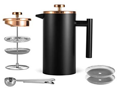 MeelioCafe Kaffeebereiter French Press 0,6 Liter 3 Tassen Klein Kaffeezubereiter Doppelwandige Edelstahl,Schwarz, 600ml