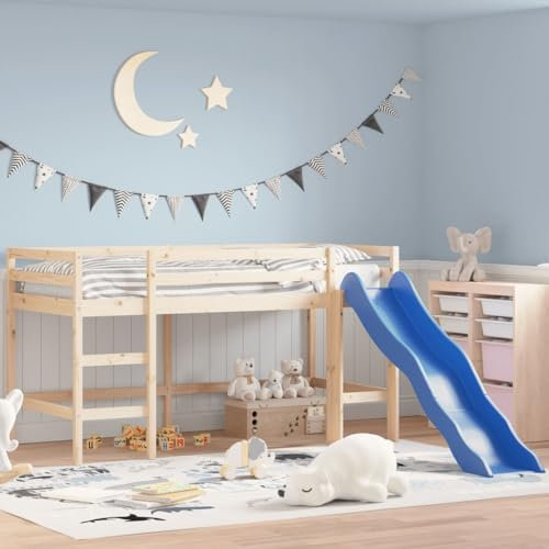 Rantry Kids' Loft Bed with Slide 90x190 cm Solid Wood Pine, Mid Sleeper Twin Loft Bed Single Bed for Kids, Loft Bunk Bed with Ladder