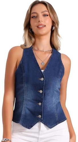 Allegra K Gilet Jeans Donna Estivo Gilet Elegante con Bottoni Scollo A V Giubbotto Senza Maniche Giacca In Denim Blu scuro XL