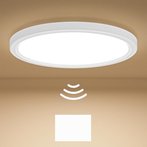 Birnetek® Lampara Techo con Sensor de Movimiento, 18W 1800LM Plafon LED con Sensor de Movimiento Por Radar, 3000K, 4000K, 6500K, 22cm Lámpara de Techo para Pasillo, Escaleras, Garaje