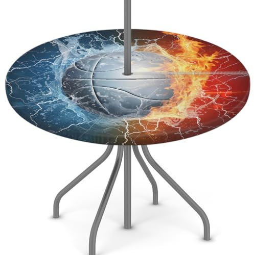 Woltant Mantel redondo con agujero para sombrilla y cremallera, fácil de limpiar, con bordes elásticos, protector de mesa para jardín, patio, barbacoa (bola de agua de fuego)