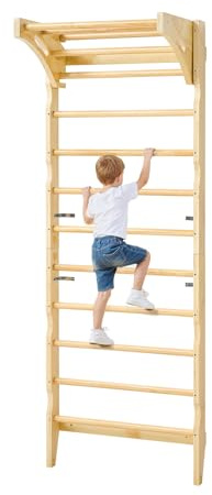 VEVOR Svensk stege vägg, 2-i-1, 10-stegs-klätterleksak av massivt trä, 100 kg, lastbar, inomhusklätterställning med pull up-stång, väggstege (220 x 80 x 52 cm)