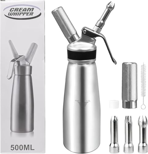 Professional Whipped Cream Dispenser, Aluminum Cream Whipper 500ml with Leak-Free Reinforced Threads, Durable Dessert & Coffee Whipping Maker with 3 Decorating Nozzles, Silver