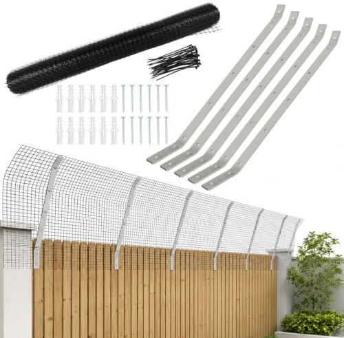 Cat Proofing Fence, Catio Cats Outdoor Enclosure Kit, Cat Proofing Fence Brackets 55cm Long, 3mm Thick, 10m x 65cm Weatherproof Garden Mesh Fencing (5PCS Brackets+10M Mesh)