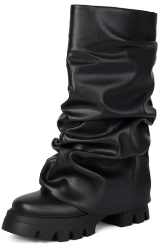 Générique Femme Talon Épais Plissées Botte Longues Bout Rond Bottes Mi-Mollet Cuir PU Bottes À Plateforme