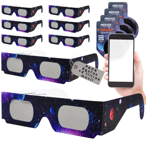 Genérico HOMANAGE Pack gafas eclipse solar homologadas y filtro movil iso 12312-2 CE | Visión Segura del Sol y Tránsitos. Gafas de eclipse solar total 12 de Agosto 2026, Europa, España, Portugal (8)