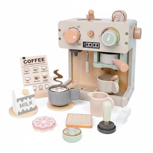 Wmqbjta 1 Juego de Electrodoméstico Infantil Cafetera Juguete con Madera Resistente y Accesorios para Juegos de rol Adecuado para Fiestas Infantiles y Rincones Temáticos