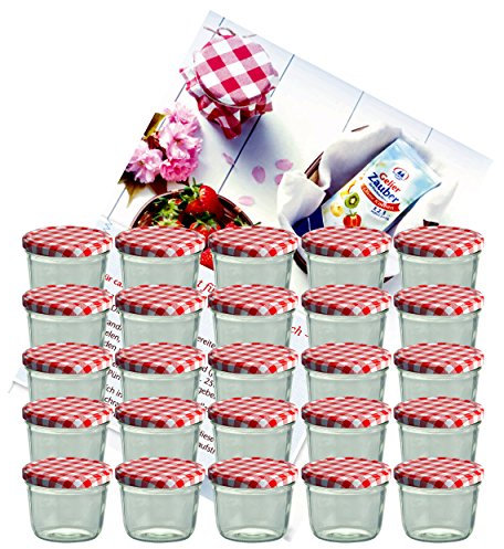 MamboCat 25er Set Sturzglas 230 ml Marmeladenglas Einmachglas Einweckglas to 82 rot Karierter Deckel incl. Diamant-Zucker Gelierzauber Rezeptheft