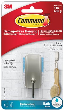 Command Bath Hook, Small, Satin Nickel Metal - Water Resistant - 1 Small Hook and 2 Adhesive Strips - Hang Towels, Robes and Other Bathroom Accessories - Ideal to Avoid Drilling Through Tiles