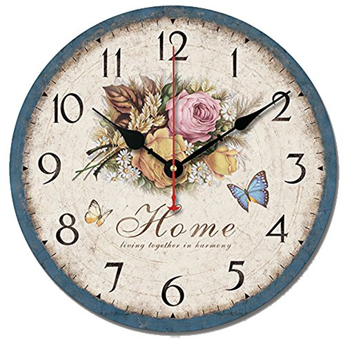 SWHONG Orologio da parete shabby chic con motivo floreale, retrò, in legno, silenzioso, decorazione per soggiorno, camera da letto, casa, 25,4 cm