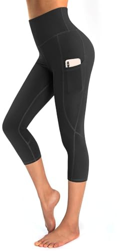 OUGES Womens High Waist Yoga Pants with Pockets Capri Workout Running Cropped Leggings(Black,L)