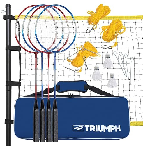 Triumph Competition Badminton Set – Complete Outdoor Kit with 4 Rackets, 3 Shuttlecocks, Steel Poles, Net, Boundary Lines & Carry Bag – Tournament or Backyard Badminton Game for All Skill Levels