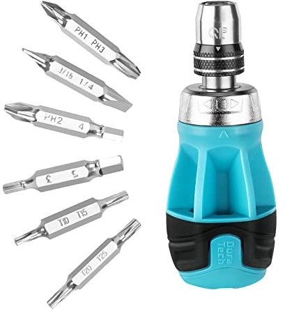 DURATECH Stubby Ratcheting Screwdriver, 12-in-1 Multibit Short Screw Drivers, Premium S2 Steel, Innovated Bits Quick-Load Mechanism, with Phillips, Slotted, Torx, Square Bits Stored in Handle