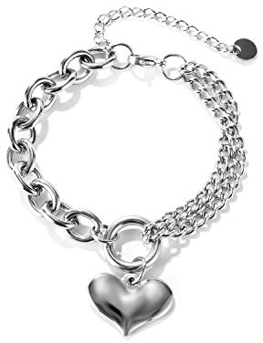 Bracelet femme en acier inoxydable Bracelets avec pendentif coeur (Argent)