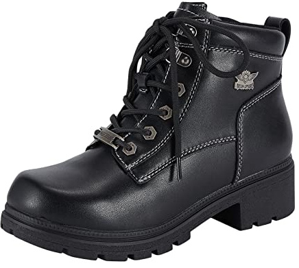 Dream Apparel Womens Lace Up Motorcycle Riding Boots with Side Zipper, Black Faux Leather Ankle Booties Biker Boots, Military Combat Booties for Ladies with Low Heel, 11
