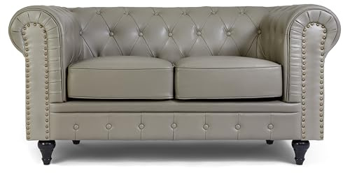 Bravich Chesterfield Sofa | 2 Seater Settee | Faux Bonded Leather | Foam Seat Cushions | Scroll Arms | Button Studded Back | Living Room Bedroom Conservatory | Grey | 160x90x78cm