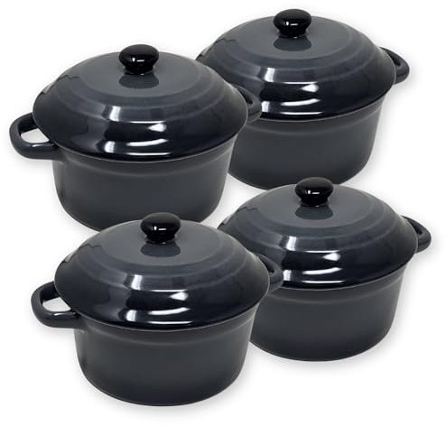 ToCi 4 x kleine Auflaufschalen mit Deckel | Mini Ofenformen aus Keramik 200 ml | Runde Förmchen Ø 10 x 5 cm | kleine Auflaufform | Farbe: Anthrazit im 4er-Set
