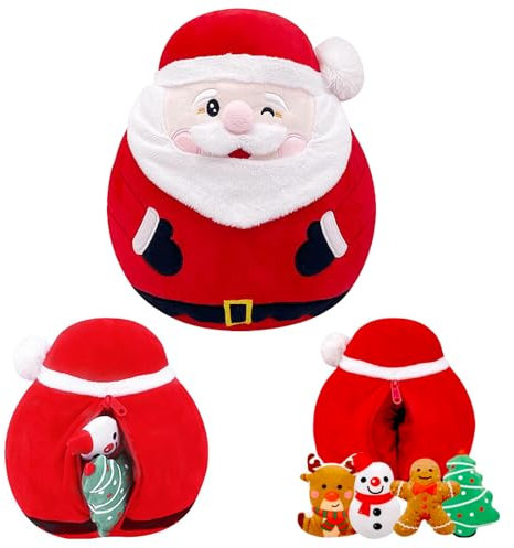 POPOYU Christmas Santa Soft Plush Toy,25cm Xmas Stuffed Santa Claus Plush with 4 Mini Snowman,Gingerman,Elk,Xmas Tree Inside,Christmas Pillow,Pocket Christmas Stuffed Animals Teddy for Kids