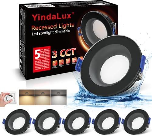 YindaLux Extra platt infällbar LED-spotlight, IP65 badrumspotlight, 5 W, dimbar LED-spotlight, 230 V, 68 mm, 3 000K, 4 000K, 6 000K, takspot för badrum, vardagsrum, set med 6 st