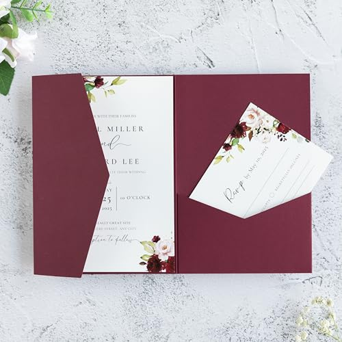 FEIYI 20 biglietti di invito per matrimonio, 13 x 18 cm, tagliati al laser, per matrimoni, addio al nubilato, feste di fidanzamento, compleanni (bordeaux)