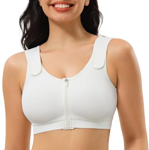 CYDREAM Zip Front Closure Wireless Bras for Women Full Coverage Post Surgery Compression Back Smoothing Comfort Adjustable (US, Alpha, Medium, Regular, Regular, White)