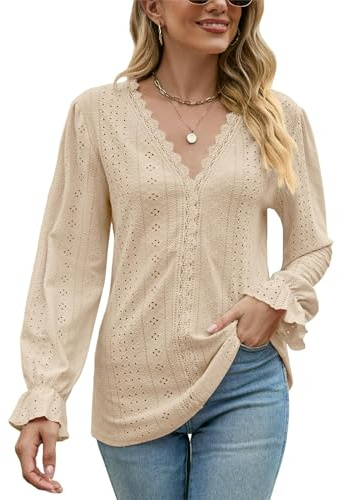 Atxnn Mujer Blusa Elegantes de Encaje Camiseta con Cuello en V Camisa Casual de Manga Larga Tops con Ojales de Fiesta, Albaricoque Mediana