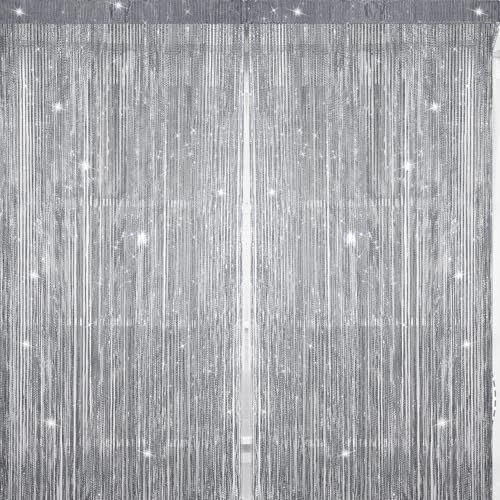 Sinmoe 2 Pieces Glitter String Door Curtain to Stop Flies Panels Cotton String Panels Fly Screen Curtain Room Dividers for Doorway,Windows,Home Decor,Event Decoration(Silver)