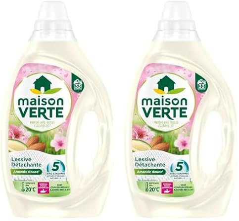 Maison Verte - Lessive Liquide - Parfum aux Huiles Essentielles - Lessive Détachante - Amande Douce - Spécial Peaux Sensibles - Efficace dès 20°C - 5 Enzymes Actives d'Origine Naturelle - 33 Lavages