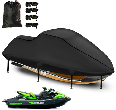 Jetski presenning, 900D nanobeläggning jetski-överdrag vattentät, 2 ventilationsöppningar UV-resistent för Sea DOO, Kawasaki, Waverunner, Polaris (900D-320–343 cm–svart)