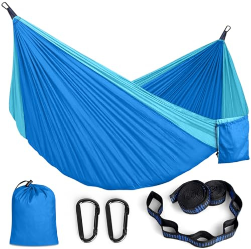 Amaca da Campeggio Ultraleggera Amaca da Esterno in Nylon Paracadute con Moschettoni e Cinghie, 295x140cm, Blu