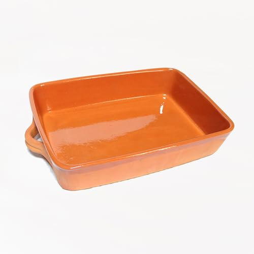 Fuente de Barro para Horno 36x27x8 cm, Cazuela de Barro Esmaltada, Fuente Rectangular para Horno, Alfarería Tradicional para Carnes y Pescados (36x27x8 cm)