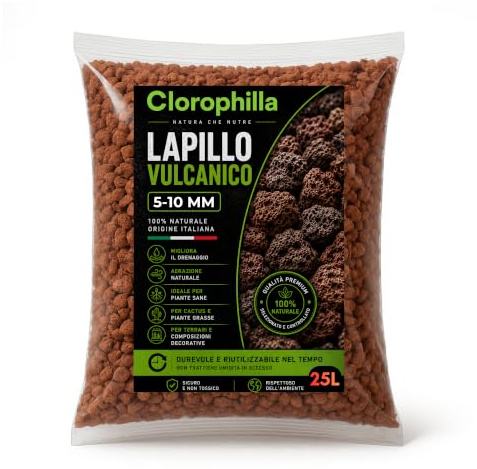 CLOROPHILLA Lapillo vulcanico per piante 5/10 mm, migliora drenaggio e composizione del substrato, Ideale per bonsai, piante Grasse e giardino - Made in Italy (25 Litri)
