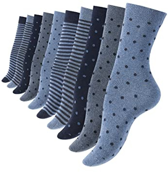 Vincent Creation® 10 pares calcetines de algodón mujer Puntos y rayas (EU 35/38, Azul)