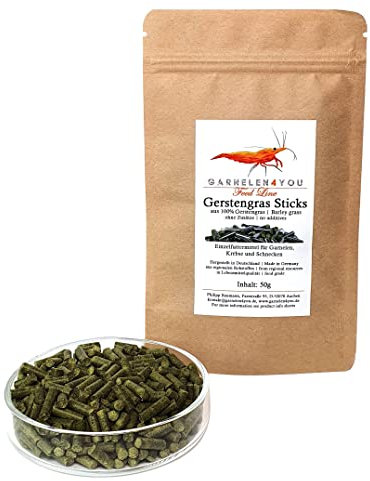 GARNELEN4YOU® Gerstengras Sticks | Premium Garnelenfutter | nachhaltige Verpackung | Made in Germany | Futter Pellets für Garnelen, Krebse, Schnecken & Co.
