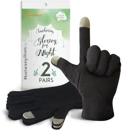 Evridwear 100% Cotton Touchscreen Moisturizing Beauty Gloves with Elastic Cuff, Natural Cosmetic Therapy Gloves for Eczema SPA Dry Hands Care Overnight (Black, Small) 2 Pairs