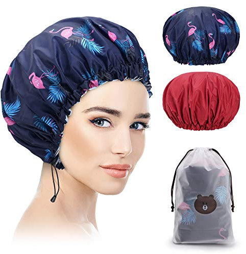 2 Packungen Duschhaube, extra große & verstellbare & doppellagige wasserdichte Haarhaube für Frauen, wasserdichte Außenseite & EVA-Futter, übergroßes Design für alle Haarlängen, verstellbarer Saum