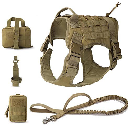 PJDDP Taktische Hundeweste Verstellbar Hundegeschirr Und Bungee-Hundeleine,Service Hunde Brustgeschirre,Bequem Verstellbar Outdoor Training Service Geschirr Mit 3 Abnehmbaren Taschen,Braun,M