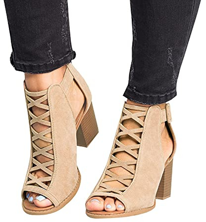 ORANDESIGNE Sandalias de Tacón Ancho para Mujer Peep Toe Sandalias Romanas Verano Botines Suede Caña Baja Botas Oficina Beige 37 EU