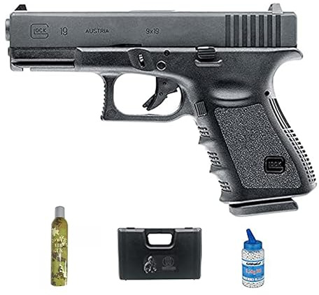 Pistolet Airsoft G19 Gaz (Calibre 6 mm) | Arme Courte à Billes PVC + Bouteille de gaz Vert + Mallette + Bouteille [Puissance : 0,39 Joules]