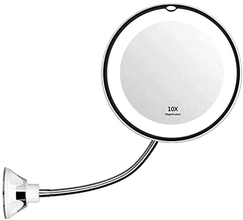 Bticx LED Makeup Mirror with Suction Cup, 14 Bright LEDs, 360-Degree Swivel Flexible Gooseneck, 10X Magnifying Foldable Precision Sharpness Mirror for Travel Home Bathroom Vanity